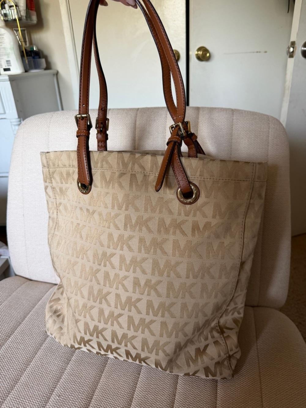 Michael Kors Tan Monogram Tote with Brown Leather Handles - Picture 6 of 7